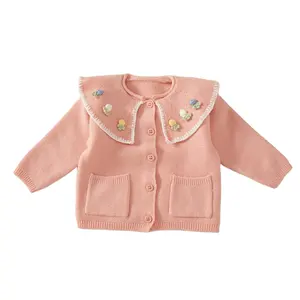 Baby Trui Leverancier Hot Koop Mooie Hoge Kwaliteit Roze Turn-Down Kraag Bloemen Vest Trui Voor Baby Meisje