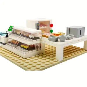 MOC Möbel Bäckerei Laden Bausteine Backofen Lebensmittel Mini-Küchenzubehör Serie DIY Blöcke pädagogisches Spielzeug für Kinder Geschenke