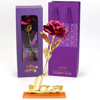 Rose artificielle en feuille d'or 24 carats, base de support de rose colorée avec boîte cadeau de luxe, pour la Saint-Valentin, anniversaire pour petite amie