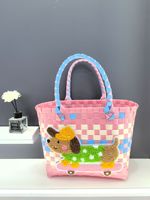 Sac fourre-tout en plastique tressé Kawaii pour femme, avec patch chien mignon, coloré dégradé, pour l'été, la plage, le shopping quotidien, fermeture éclair