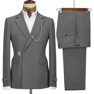 Conjunto de ternos masculinos com fecho de metal, 2 peças, slim fit, roupa de baile personalizada para casamento, smoking, blazer + calça com botão especial
