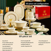 Service de table de luxe en porcelaine fine avec bordure dorée, vaisselle européenne en relief, soupière et assiettes pour 7 à 9 personnes. Cadeau de mariage élégant