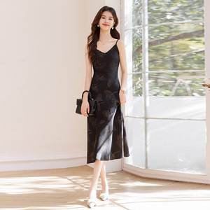 Printed V Neck Suspender Dress For Women Floral Pattern Mid Length Cocktail Dress Elegant Summer Style Slim Fit Apricot Black - Product Image 2