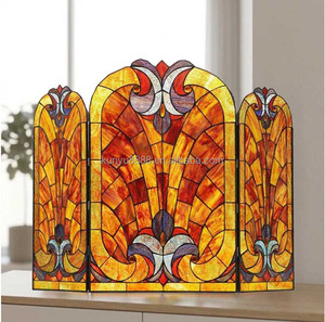 Écran de cheminée en vitrail, 3 panneaux, motif floral, décoration traditionnelle, couleur bleue, forme rectangulaire, décoration artistique, 100*70CM - Product Image 1