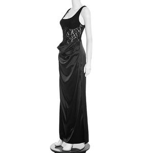 Robes pour femmes Viviblook C25DS446, nouvelle robe de soirée pour femmes, couleur unie, sexy, ajustée, sans manches, avec fente, patchwork en dentelle - Product Image 5