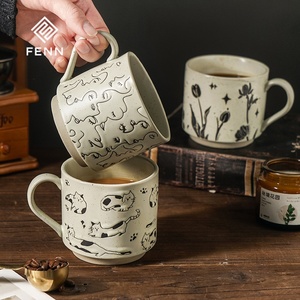 FENN Vente en gros de tasses à <span class=keywords><strong>café</strong></span> écologiques en céramique, tasse à <span class=keywords><strong>café</strong></span> rétro avec motif de chat en relief, tasse en porcelaine mouchetée empilable, tasse à lait - Product Image 1