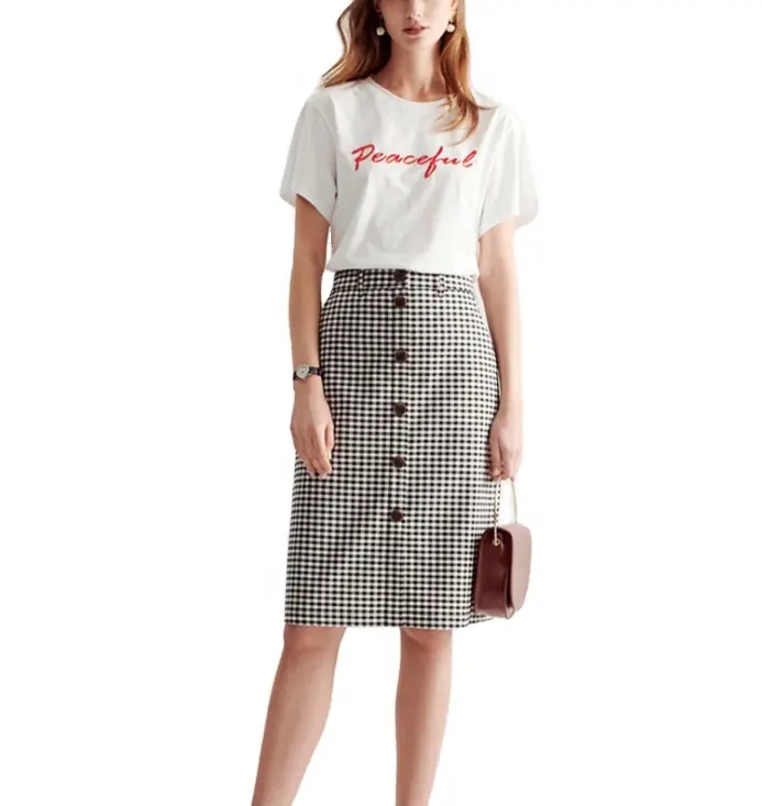 MANNI Women black white striped Plaid Skirt Fashion Casual High Waisted Midi long pencil skirt