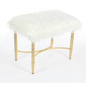 SWT Modern Fabric Round Faux <strong>Fur</strong> Ottomans <strong>Stool</strong> With Metal Legs - Product Image 2