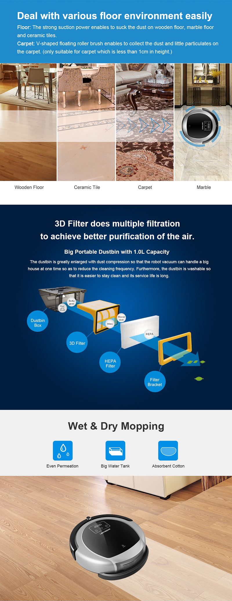 Liectroux — aspirateur à mémoire intelligente B6009, appareil à double lumière UV, navigation par cartes, wifi, contrôle par application