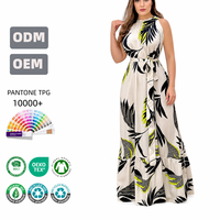 Robe longue de plage pour femme à imprimé feuilles tropicales, sans manches, avec ourlet à volants étagés et taille à nouer, personnalisable avec logo