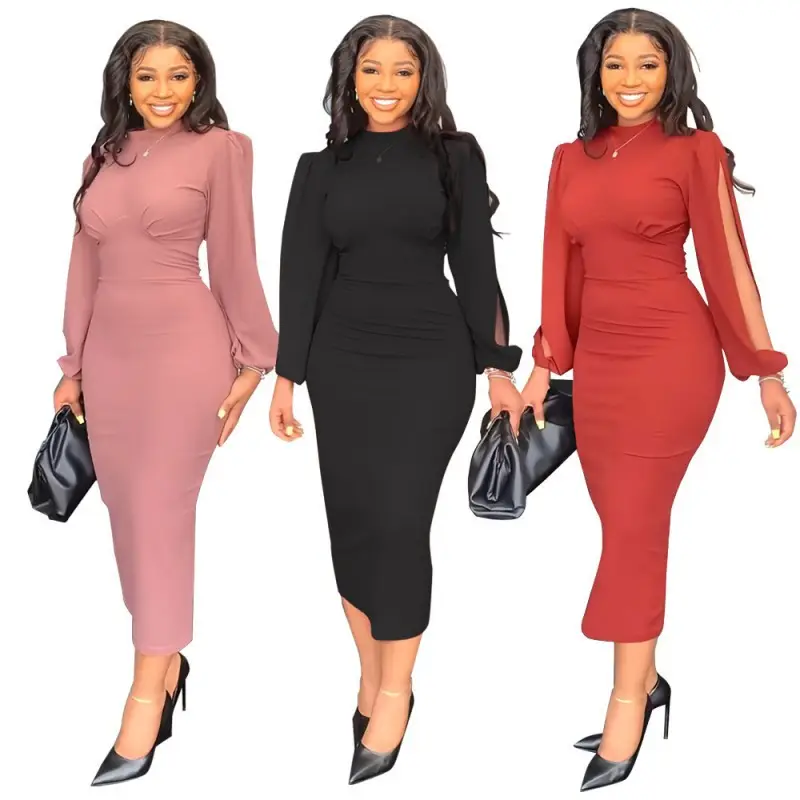 Sıcak satış puf kollu Bodycon Midi elbise düz renk zarif ofis elbiseler kadınlar için resmi iş kariyer elbiseler bayanlar
