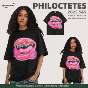 T-shirt Vintage Hip-hop Europeo-Americano <span class=keywords><strong>con</strong></span> Stampa Cartoon a Bocca Grande, Lavaggio Effetto Usurato, in Cotone Pettinato, Vestibilità Ampia, Manica Corta - Product Image 3