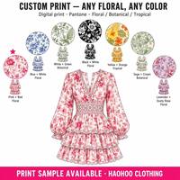 Robe Courte Été Femme Personnalisée à Imprimé Floral, Col Plongeant, Manches Longues Évasées, Bordure en Dentelle, à Volants, Vente en Gros, Fabricant OEM