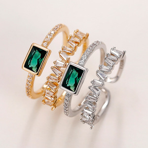 Anello Aperto a Doppio Strato con Zircone Verde Pavone per Donne, Gioiello da Dito Regolabile alla Moda - Product Image 3