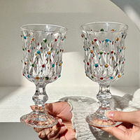 Verre à vin français peint à la main, gobelet à pied, motif points colorés, coupe diamant, style vintage créatif pour mariage et bar, 201-300 ml