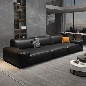 Italian Minimalist Black Bull Leather <b>Sofa</b> Straight Latex Block Couch <b>For</b> Living Room Apartment And Rental House - Product Image 3