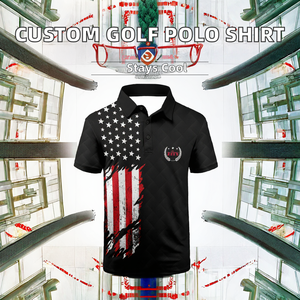 Maillot de golf vintage 3D respirant en polyester imprimé par transfert thermique avec nom personnalisé et drapeau américain pour homme - Product Image 2