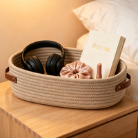 Boîte de rangement ovale en cuir avec poignée pour petits objets, jouets, cosmétiques, panier de rangement en corde de coton tissée