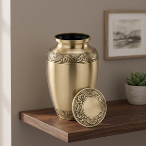 Gold Metal Cremation Urn Handcrafted Adult <b>Ashes</b> <b>Keepsake</b> Urn with Engraved Floral Pattern Memorial Decor - Indian Home Crafts - Product Image 3