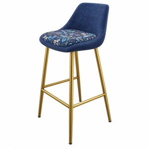 Taburete de Bar Moderno de Terciopelo con Estructura de Metal Dorado y Asiento Floral sin Respaldo - Product Image 1