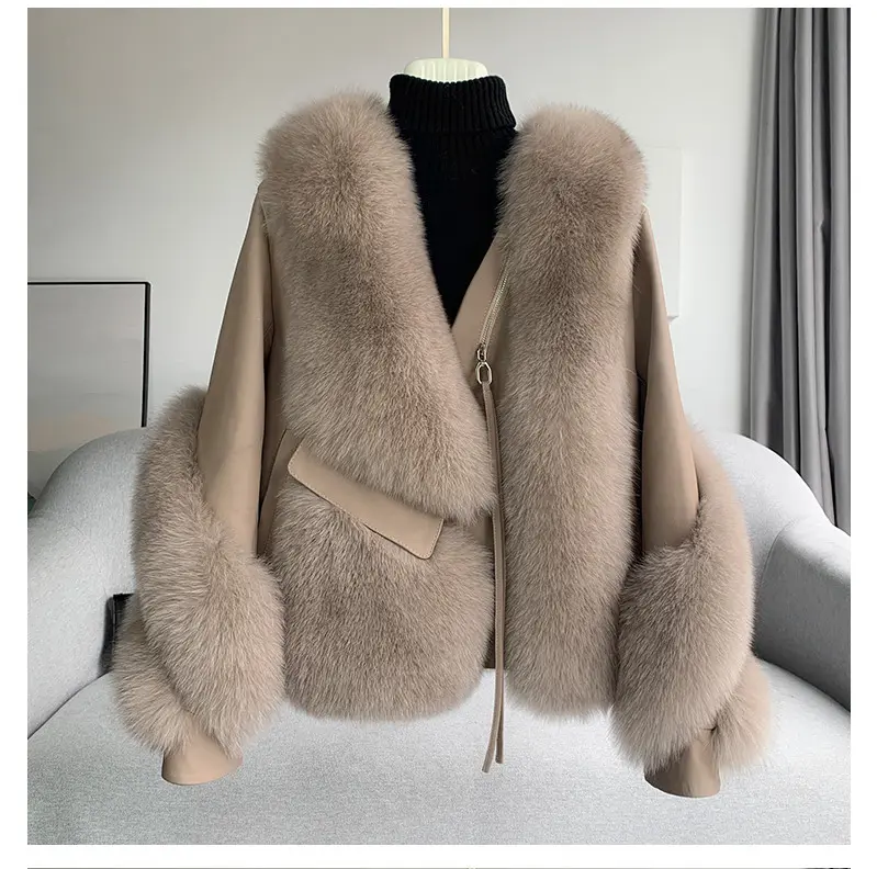 Fox Fur Coat Women's Short Sheepskin Motorcycle Clothing Fur And Leather Overcoat Winter