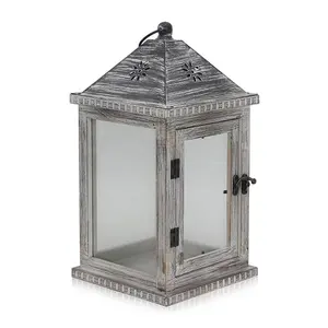 Home Decor Gray Distressed High Quality Antiqu Wooden Candle Lantern With Metal Top