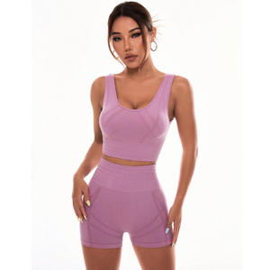 Quick Dry Seamless Jacquard Workout Set with Removable Chest <b>Pad</b> Sports Bra Elastic Waist Sleeveless Shorts for Gym Running Yoga - Product Image 2