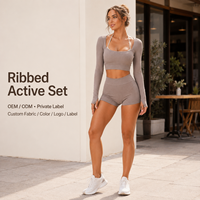 Conjunto de Dos Piezas Personalizado para Mujer, Top Corto con Cuello Halter y Manga Larga Acanalada, y Pantalones Cortos, Ropa Deportiva para Gimnasio y Fitness