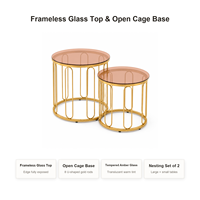 Ensemble de 2 tables basses de luxe modernes avec plateau en verre trempé et base en métal doré, tables rondes imbriquées pour salon, meubles de maison