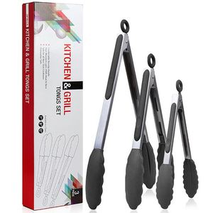 Grade Silicone Kitchen Heat Resistant Stainless Steel Bread Non-Stick Food <b>Serving</b> <b>Tongs</b> With Locking Clip - Product Image 2