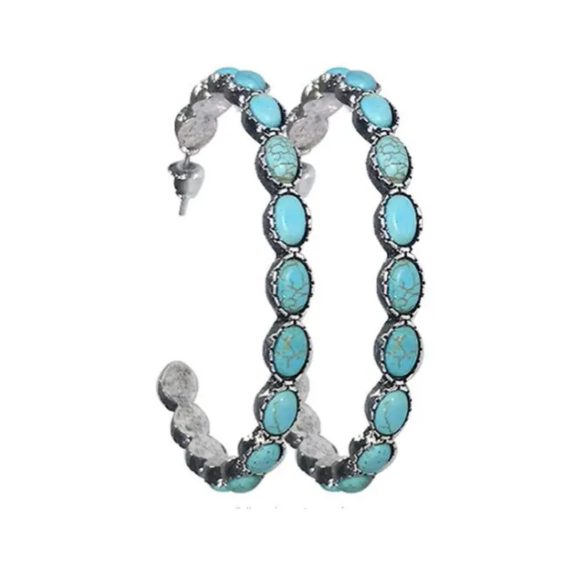 Anting Bentuk C Turquoise Menjuntai Logam Besar Oval Anting Pernyataan Antik Air Mata Anting Bohemian Halus Cowgirl Hoop Earrings