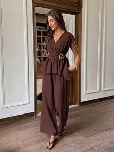 Conjunto Feminino Ecológico Sólido com Decote em V e Calças Soltas de Comprimento Total, Roupa Casual para Primavera e Verão OEM ODM - Product Image 3