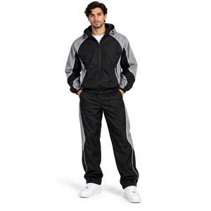 Mens Black Gray Hooded pant windbreaker Tracksuit <b>Set</b> Zip-Up Jacket Breathable <b>Knitted</b> Polyester windbreaker 2 piece <b>set</b> - Product Image 1