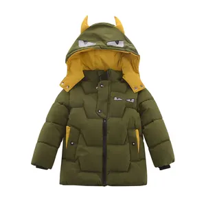 Latest design kids padding jacket fashion dinosaur down coat warm thicken army green hooded coat for boys