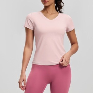 T-shirt de yoga ajusté pour femme, 82,5 % polyester, 17,5 % élasthanne, col en V, logo personnalisé, manches courtes, t-shirts de sport - Product Image 5