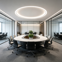 Intérieur de bureau moderne avec bureaux linéaires pour équipes, îlot de réunion, espace de gestion, espace de travail en îlot et zone sociale décontractée
