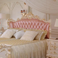 Lit de princesse de style français classique européen, lit double antique, luxueux, en cuir rose véritable, en bois massif, meubles pour la maison