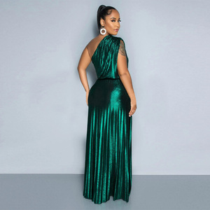 <span class=keywords><strong>Vestido</strong></span> Largo Metálico de Un Solo Hombro con Pliegues para Mujer, <span class=keywords><strong>Vestido</strong></span> de Noche sin Mangas, <span class=keywords><strong>Vestido</strong></span> Brillante para Fiesta, Graduación o Evento Formal - Product Image 2