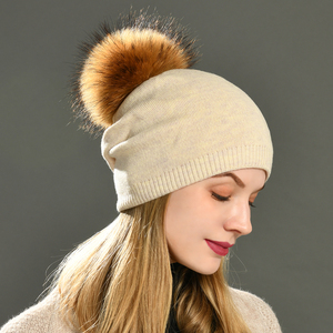 Wholesale Skull Luxury Double Layer Knit Winter Hat Fluffy Real Fur <strong>Pom</strong> <strong>Pom</strong> Soft Warm Custom Logo Slouchy <strong>Blank</strong> Adults <strong>Beanies</strong> - Product Image 6