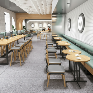 Ensemble de mobilier de café nordique moderne avec sièges rembourrés bicolores et tables rondes en bois - Product Image 1