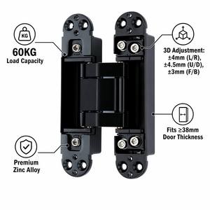 Bisagra Oculta Ajustable en 3D para Puerta, Carga de 60 kg, 140x30 mm, Aleación de Zinc, Negro Mate, Bisagra Invisible para Proyectos de Puertas de Madera Pesada - Product Image 3
