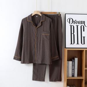 Pur coton teint en fil <span class=keywords><strong>double</strong></span> couche <span class=keywords><strong>gaze</strong></span> décontracté hommes pyjamas minces à manches longues lâche maison vêtements ensembles - Product Image 4