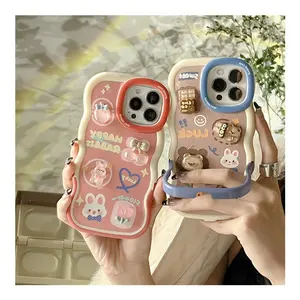 Cute 3D Bear Rabbit Doll Shockproof Phone Accessories Female for iphone 12 14 Pro max 13 15 Wavy Edge Mobile Phone Case Stand