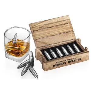 Custom Bullet Whiskey Stone, Gift Set Men Vintage Wooden Box Metal Stainless Steel Ice Cubes Whisky Accessory/