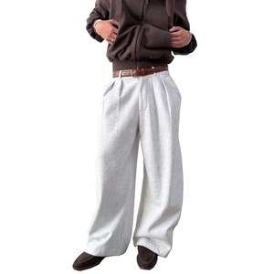 Men's Cotton Polyester Fleece <b>Joggers</b> Light Grey Heavyweight <b>Wide</b> <b>Leg</b> Trousers Pleated Baggy Cropped Sweatpants with Belt Loop - Product Image 4