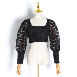 OUDINA Promo Spesial Atasan Wanita Model Prancis Kasual Bordir Kerah Bulat Lengan Panjang Crop Top - Product Image 3