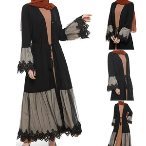 中东阿拉伯女装蕾丝网眼拼布覆盖羊毛衫穆斯林礼服Abaya迪拜