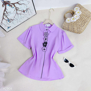 7 days Delivery Time Women Short Sleeve <b>Shirt</b> with Floral Applique <b>Office</b> Casual Solid Top All Seasons Female Vietnam Woven - Product Image 4