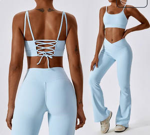 Conjunto de Yoga acanalado Reversible para mujer, mallas acampanadas sólidas, cierre de cintura elástica, ropa deportiva de talla grande para entrenamientos de gimnasio - Product Image 1