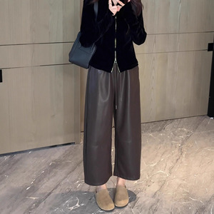 <span class=keywords><strong>Pantaloni</strong></span> Neri Casual <span class=keywords><strong>in</strong></span> Velluto e <span class=keywords><strong>Pelle</strong></span> PU Lavata da Donna, Nuovi Modelli Autunno Inverno Stile Western, Modello Harlan Slim Fit, Gamba Larga, Cropped, Vita Alta - Product Image 2